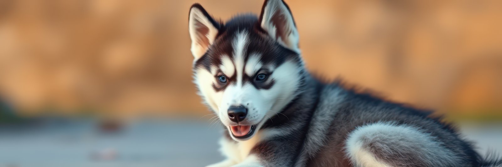 Cute husky puppy relaxing outdoors during golden hour with captivating scenery in the background